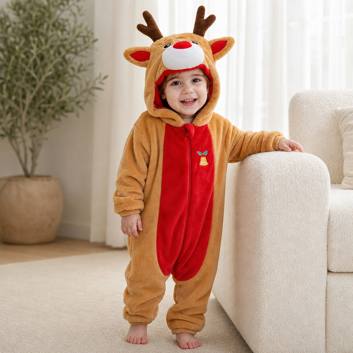 Baby standing by the sofa in a reindeer onesie