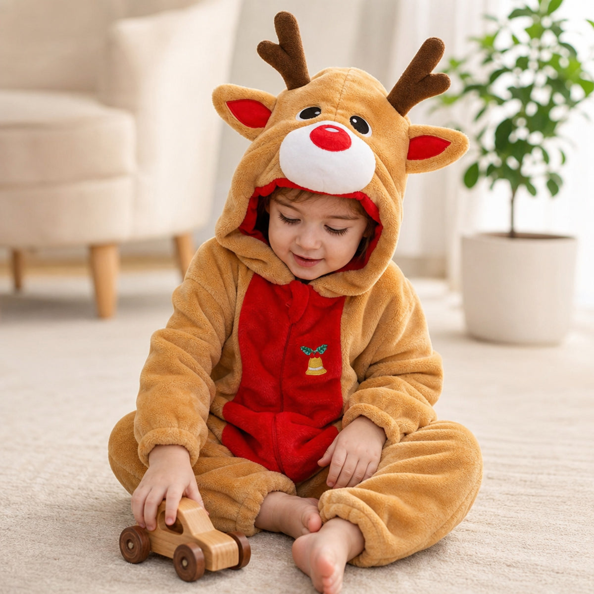 Baby playing with a wooden toy in a reindeer costume