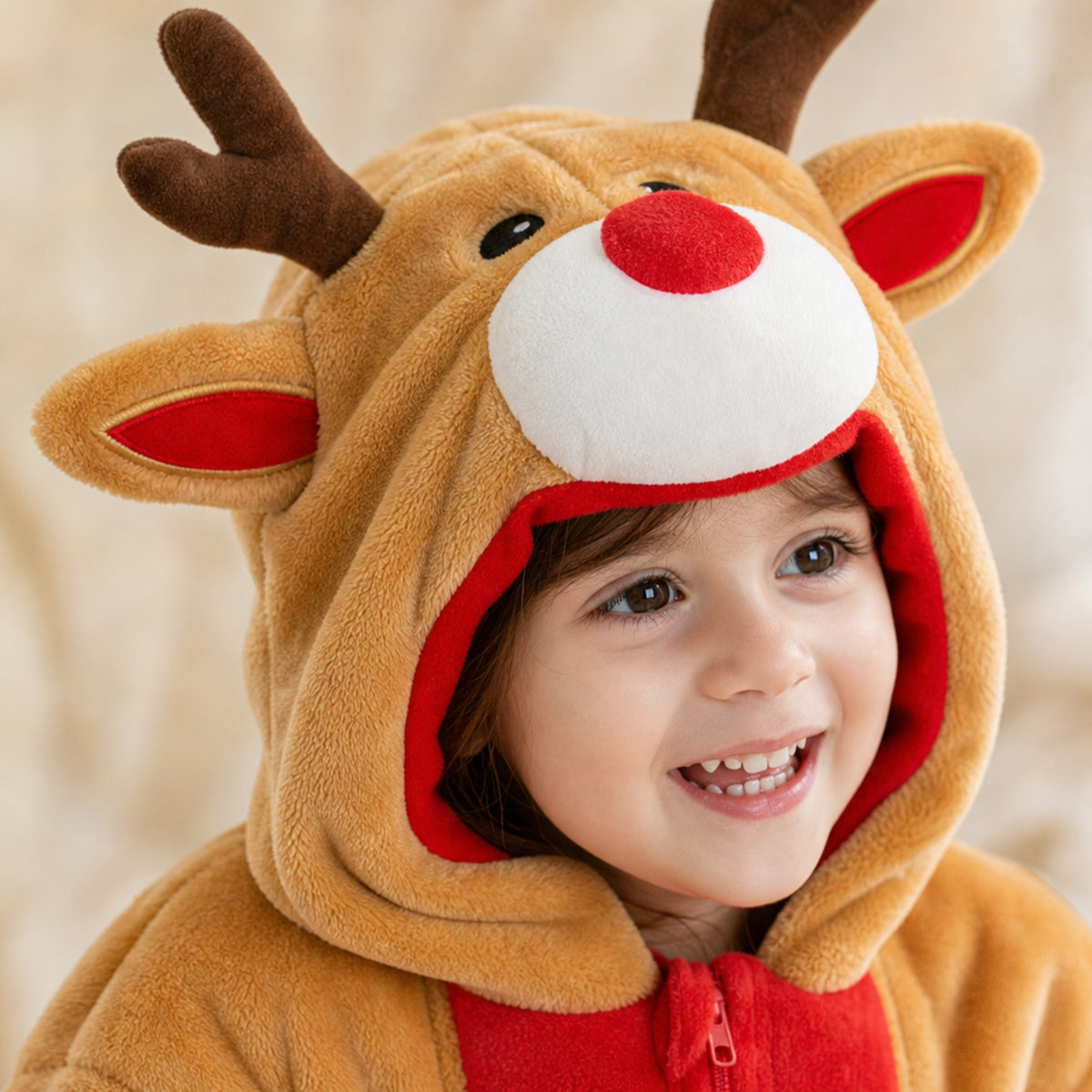 Close-up of the reindeer hood with plush antlers, white muzzle and red nose