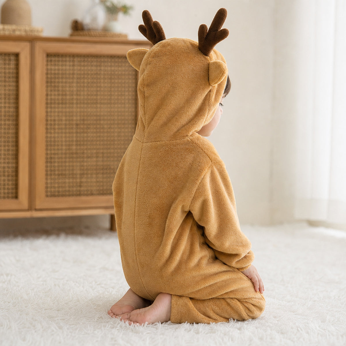 Back view of the reindeer costume hood with antlers