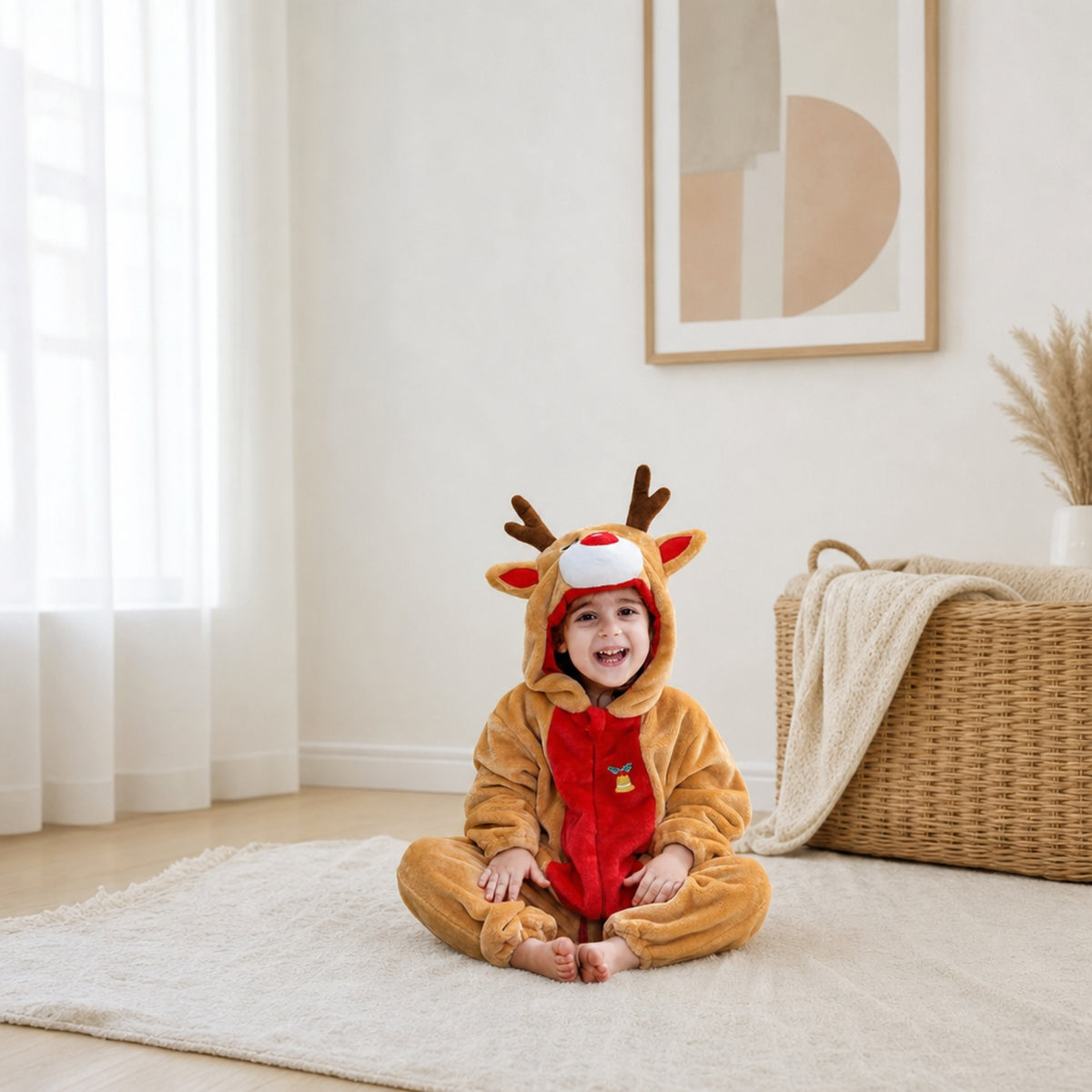 Baby in a reindeer costume onesie in a bright living room