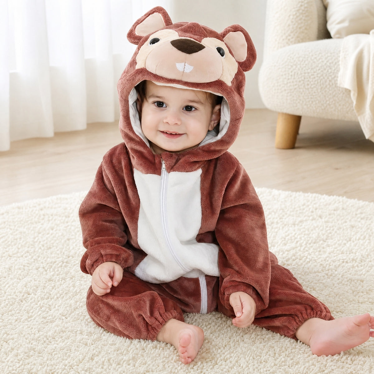 Baby sitting on a rug in a brown squirrel costume onesie