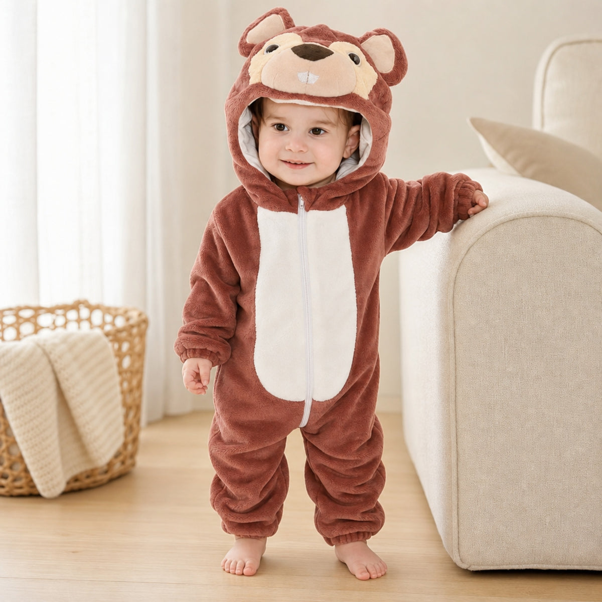 Baby standing by the sofa in a brown squirrel onesie