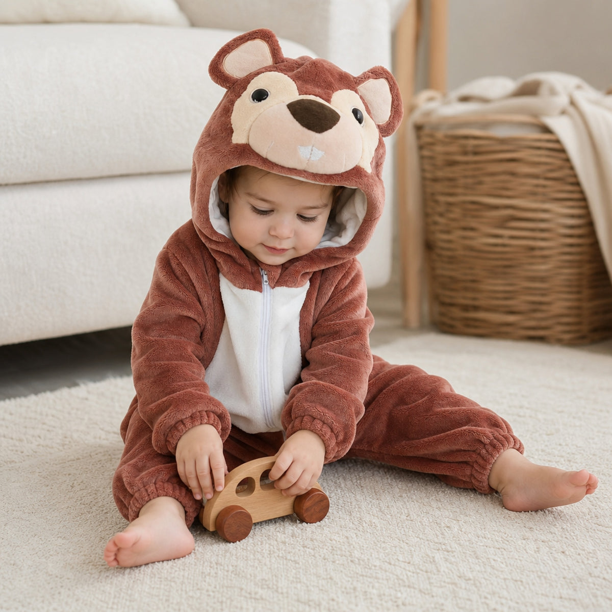 Baby playing with a wooden toy car in a squirrel costume