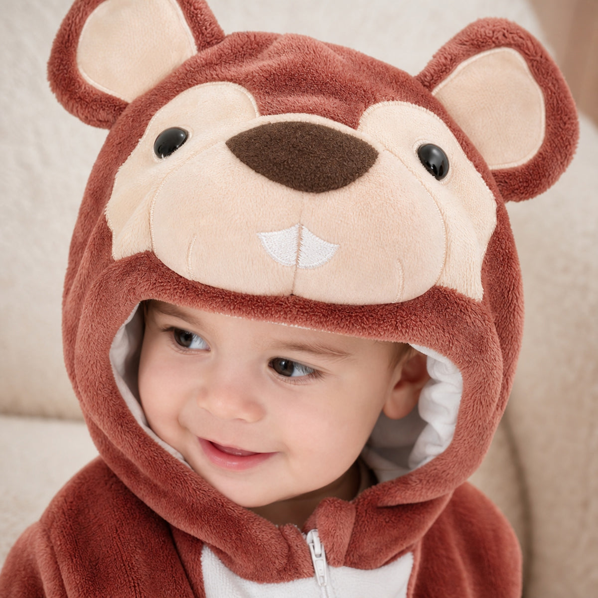 Close-up of the squirrel hood with ears and tiny front teeth
