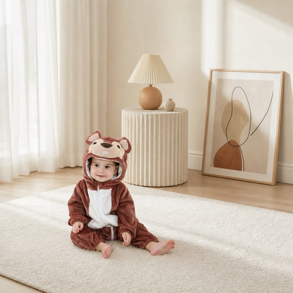 Baby in a squirrel costume onesie in a bright living room